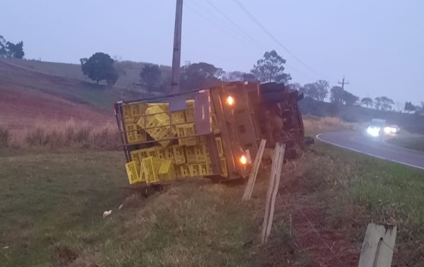 Caminhão tomba na PR-239 em Campina da Lagoa, motorista sai ileso