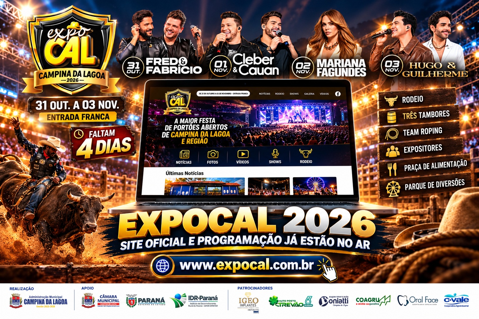 ExpoCal 2026 começa neste sábado com entrada franca, grandes shows e rodeio em Campina da Lagoa.