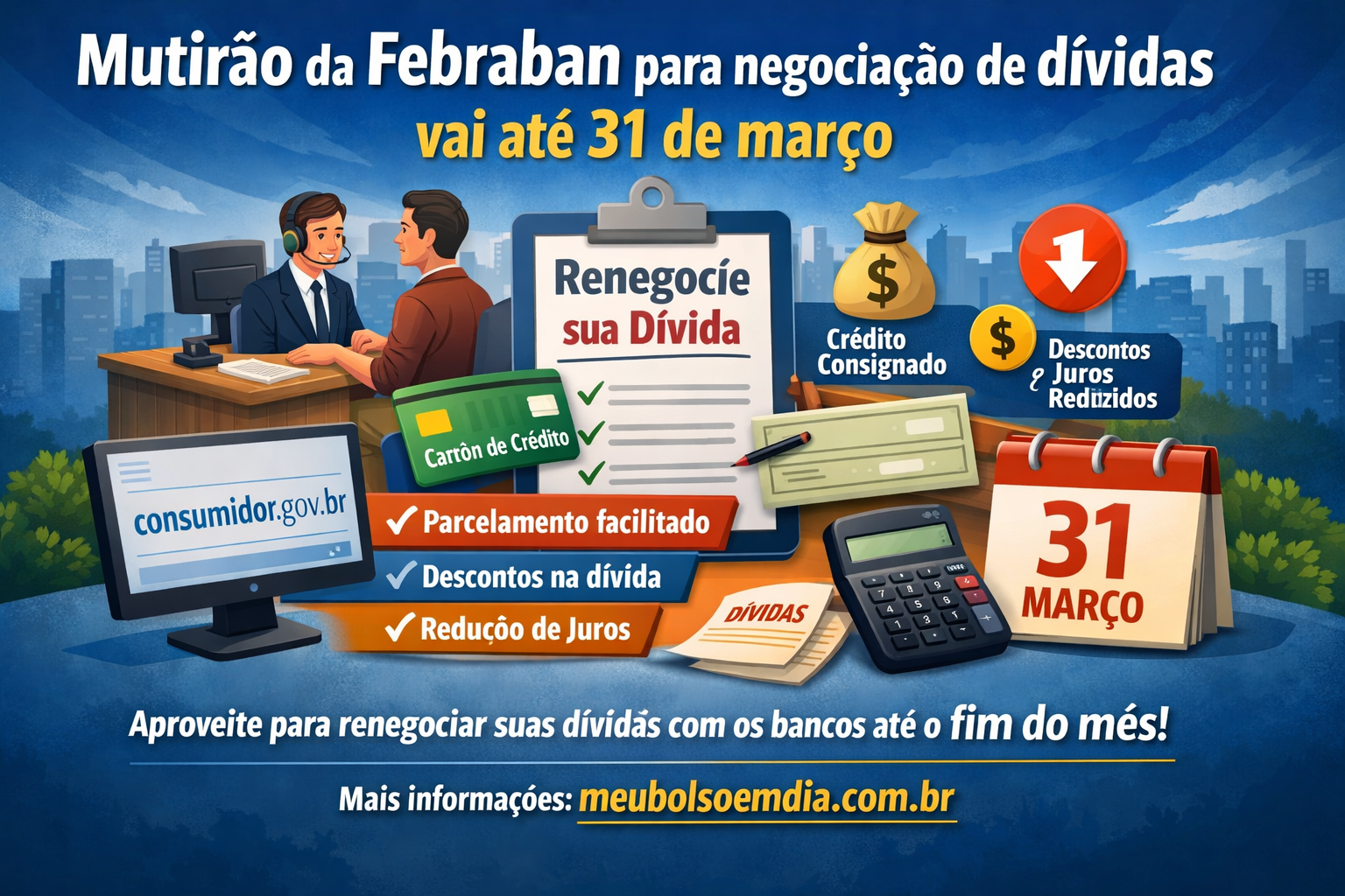 Mutirão da Febraban para negociação de dívidas vai até 31 de março.