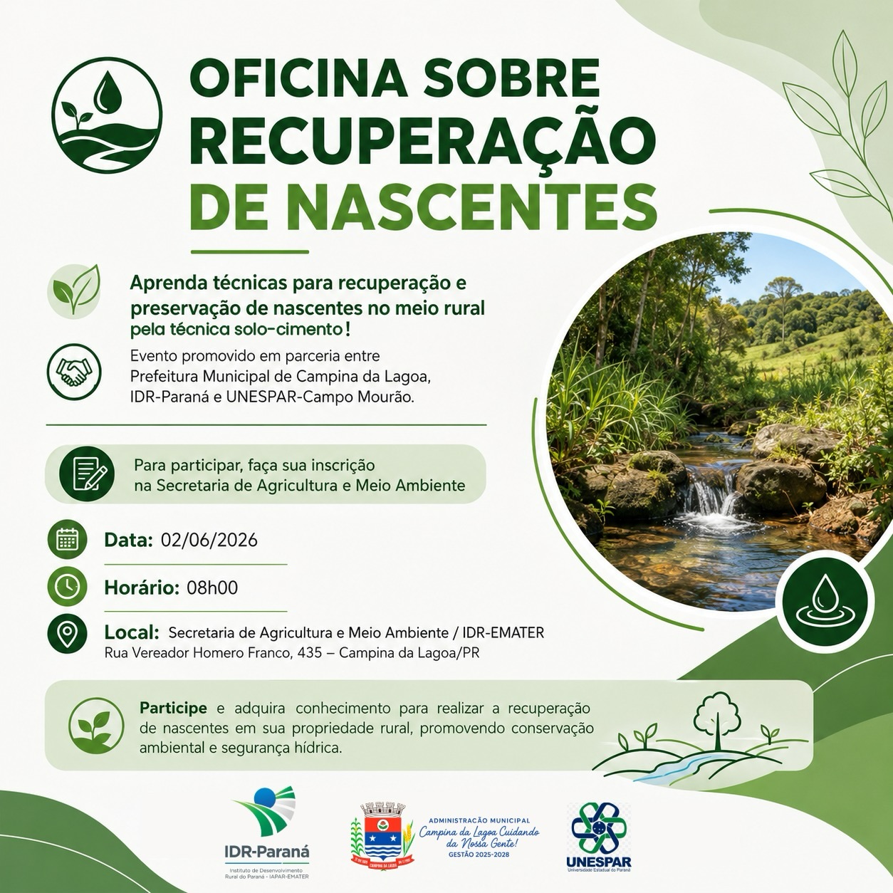 Preservação das Nascentes será tema de oficina em Campina da Lagoa.
