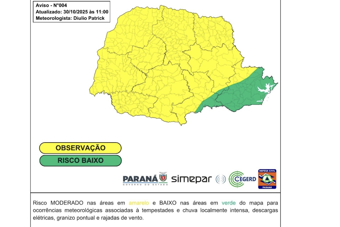NOVEMBRO COMEÇA COM CHUVA, MAS SEGUNDA QUINZENA TERÁ MAIS DIAS DE SOL, AFIRMA SIMEPAR